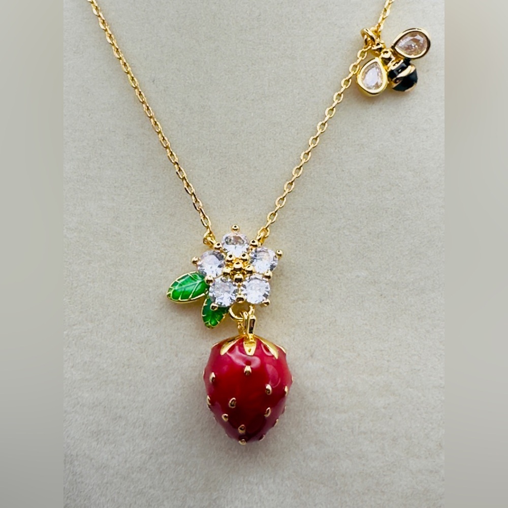 Kate Spade Gold Necklace with Red Strawberry and Green Leaf